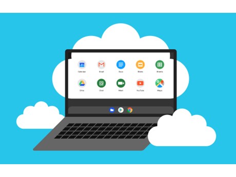 A graphic featuring a laptop in the sky surrounded by clouds