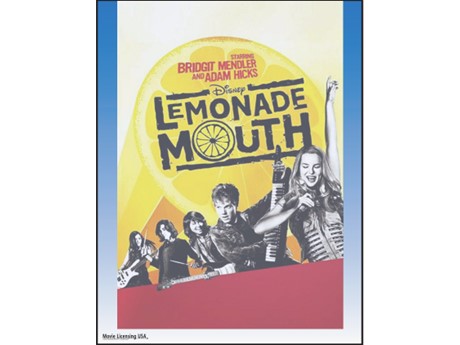 five band members with their respective instruments against yellow background (lemonade mouth movie poster)