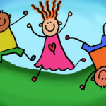 3 STICK FIGURE KIDS ON GREEN HILL WITH LIGHT BLUE SKY BEHIND THEM