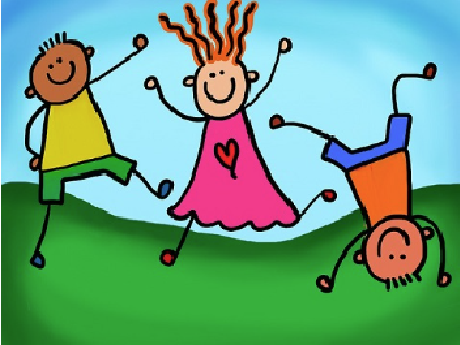 3 STICK FIGURE KIDS ON GREEN HILL WITH LIGHT BLUE SKY BEHIND THEM