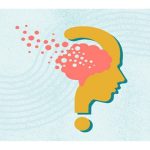 Stylized image of human face right profile with disintegrating brain