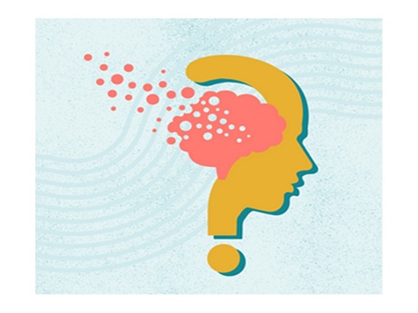 Stylized image of human face right profile with disintegrating brain