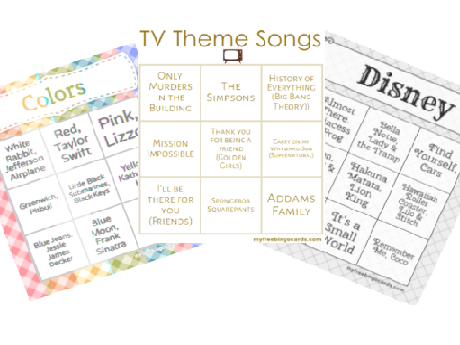 Sample Bingo Cards. Three themes: Colors, TV themes, Disney