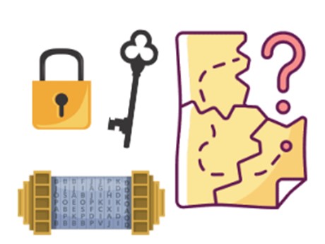 Lock, antique key, map with question mark, and a cryptex