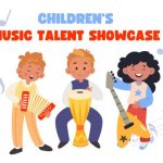 Illustration of three children playing musical instruments and text says Children's Music Showcase