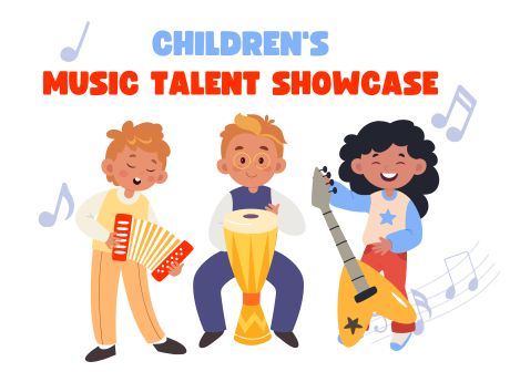 Illustration of three children playing musical instruments and text says Children's Music Showcase