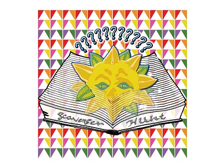 Pattern of inverted multi-colored triangles with 11 question marks (blue-outlined) above an open book with a yellow sun face