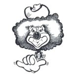 black and white caricature drawing of a clown holding up a shaka