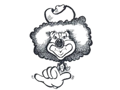black and white caricature drawing of a clown holding up a shaka