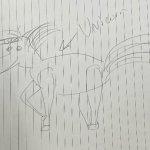 Bad drawing of a unicorn on lined paper.