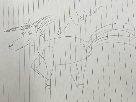 Bad drawing of a unicorn on lined paper.