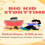 Big Kids Storytime flyer image. Two children sitting on a background of yellow, reading books.