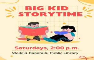 Big Kids Storytime flyer image. Two children sitting on a background of yellow, reading books.