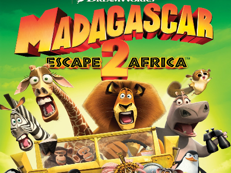 A zebra, a giraffe, a lion, and a hippo screaming while riding in a jeep, with the title of the movie about their heads.