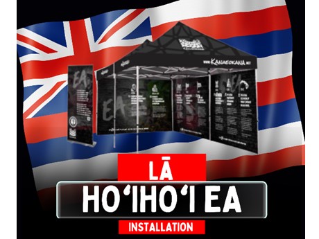 Lā Hoʻihoʻi Ea featuring the state flag of Hawaii on a black background