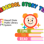 A smiling clock with a stack of books and the text "Preschool Storytime"
