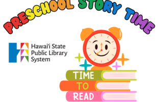 A smiling clock with a stack of books and the text "Preschool Storytime"