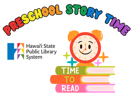 A smiling clock with a stack of books and the text "Preschool Storytime"