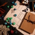 A blank character sheet under a book and multiple sizes of dice and stones with a couple small pouches and trays to the side.