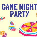 Various game pieces are scattered over a pale yellow background. Text: Game Night Party