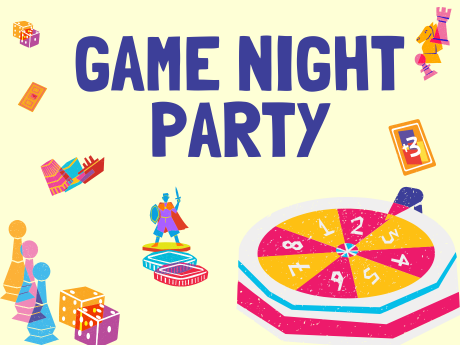 Various game pieces are scattered over a pale yellow background. Text: Game Night Party