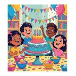 kids celebrating at a party with cake.