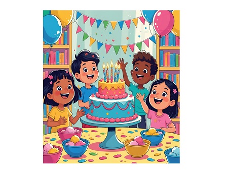 kids celebrating at a party with cake.