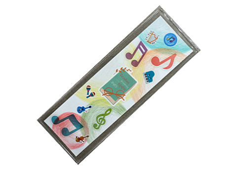 bookmark with colored circles and musical notes and instrument stickers