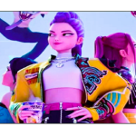 Kpop demon hunters standing in the round with backs to each other