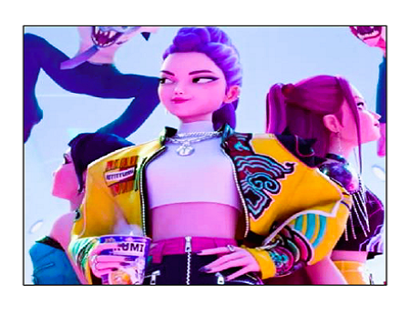 Kpop demon hunters standing in the round with backs to each other