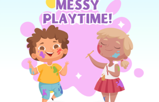 image of two children with paint, having fun with the words "Messy Playtime!"