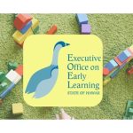 Logo for the Executive Office on Early Learning featuring a blue nēnē goose; on a background of green carpet with colorful wooden blocks