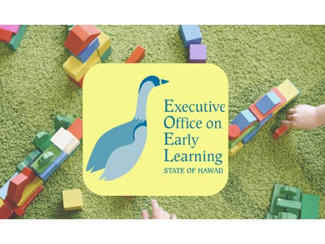Logo for the Executive Office on Early Learning featuring a blue nēnē goose; on a background of green carpet with colorful wooden blocks