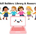 Skills Builder: Library & Research, happy kids holding hands in front of a computer