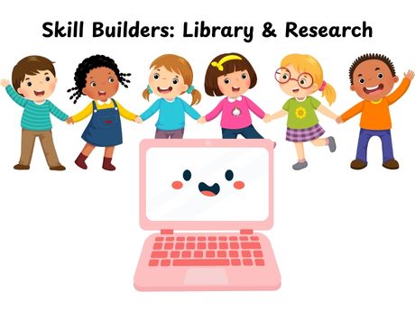 Skills Builder: Library & Research, happy kids holding hands in front of a computer