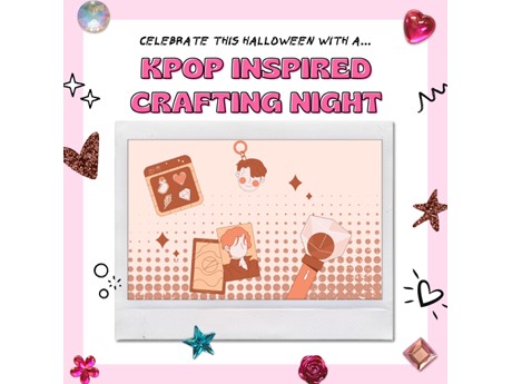 drawings of kpop merch in a polaroid frame amid a pink and white background