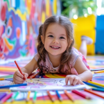 Young girl drawing on paper with a color pencil