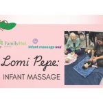 Pink flyer featuring two women massaging infants