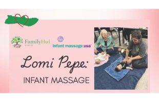 Pink flyer featuring two women massaging infants