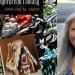 Photo of Author Darlene Javar to the right of the cover of her book, Patsy's Gingerbread Fantasy