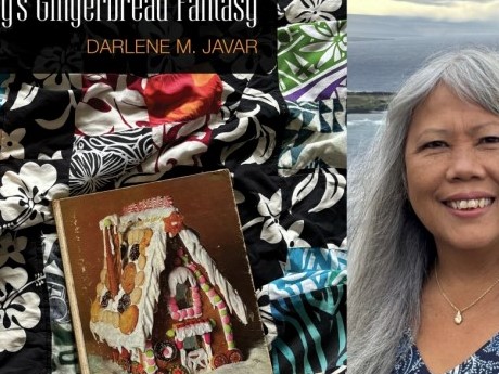 Photo of Author Darlene Javar to the right of the cover of her book, Patsy's Gingerbread Fantasy