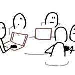 cartoon figures chatting at a table with laptops