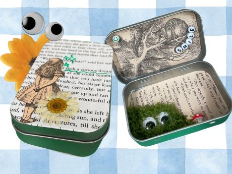 Candy tins decorated with paper against a gingham background