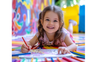 Young girl drawing on paper with a color pencil