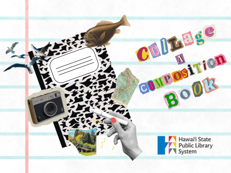 composition book with various collage elements (map, photos, etc) and cut-and-paste text that reads "collage a composition book"