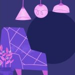 purple lounge chair and pink hanging lights