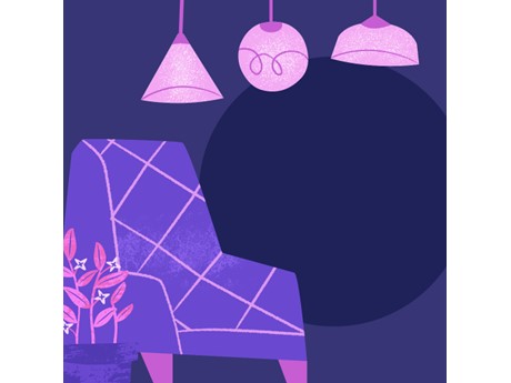 purple lounge chair and pink hanging lights