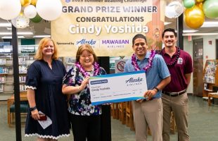2025 Summer Reading Challenge Grand Prize Winner with State Librarian, FLH Executive Director, and Alaska Airlines Representative