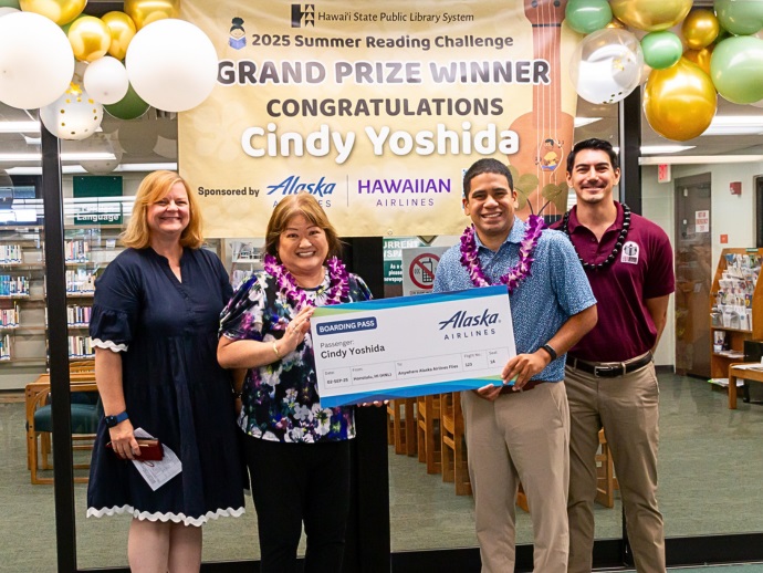 2025 Summer Reading Challenge Grand Prize Winner with State Librarian, FLH Executive Director, and Alaska Airlines Representative