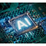 Letters AI on computer microchip, lit up, surrounded by computer motherboard parts